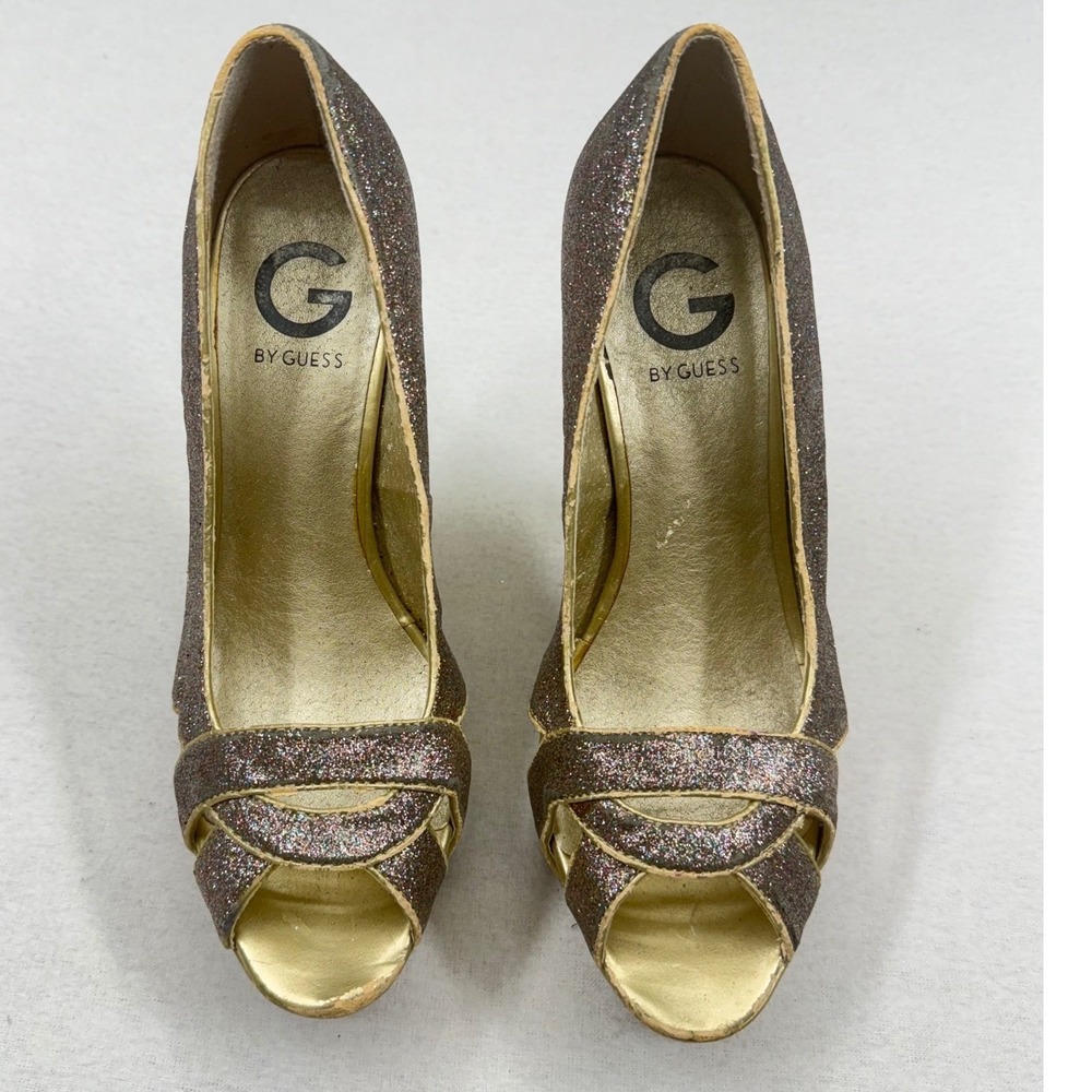 G By Guess Glitter Peep Toe Platform‎ Stiletto Heels Sparkly Gold Working Club